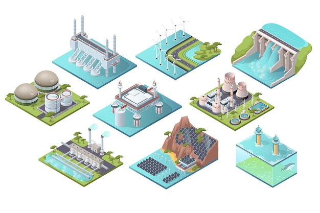 Vector set of various energy stations collection of nuclear geothermal hydroelectric biomass hydrogen wave and tidal power isolated on white background isometric vector illustraiton