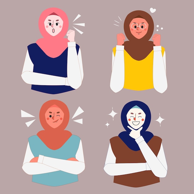 Set of various expression hijab woman collection sticker emoji