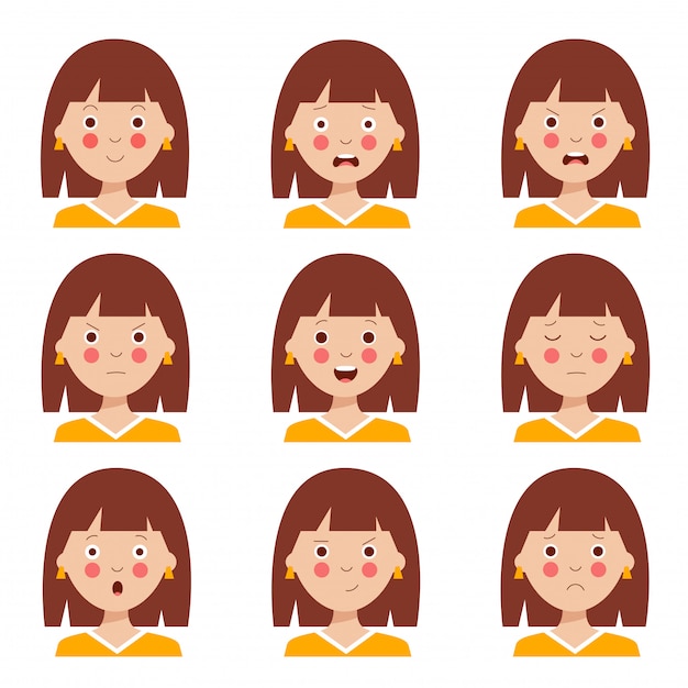 Set of various facial expressions of cute cartoon brown haired girl.