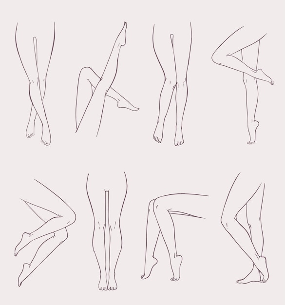 Vettore insieme di varie gambe femminili. piede di donna contorno disegnato a mano in diverse pose. collezione di illustrazioni vettoriali in bianco e nero.