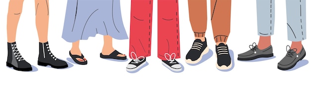 Vector set of various female shoes with feet