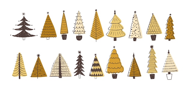 Set of various firs, pines or spruces decorated with baubles