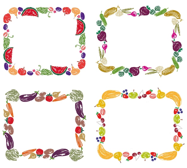 Set of various frames from drawn fruit and vegetables