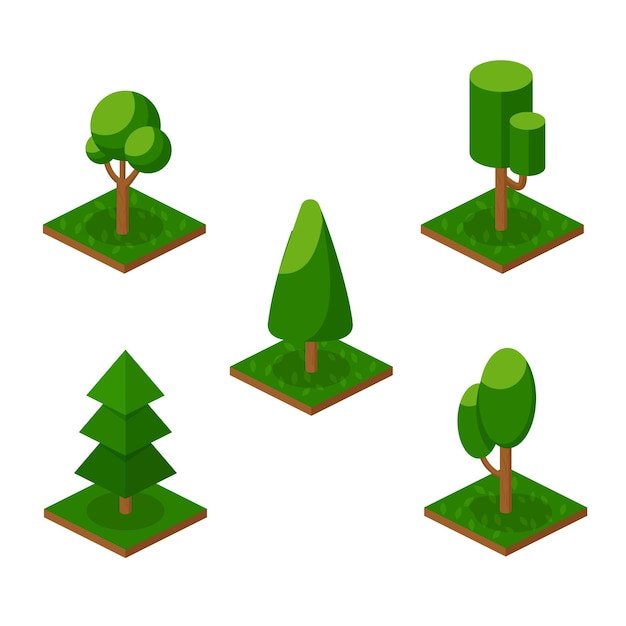 Set of various garden 3d trees from a city park collection of green forest natural plants environment and landscape design map elements with trees grass earth isometric vector city constructor