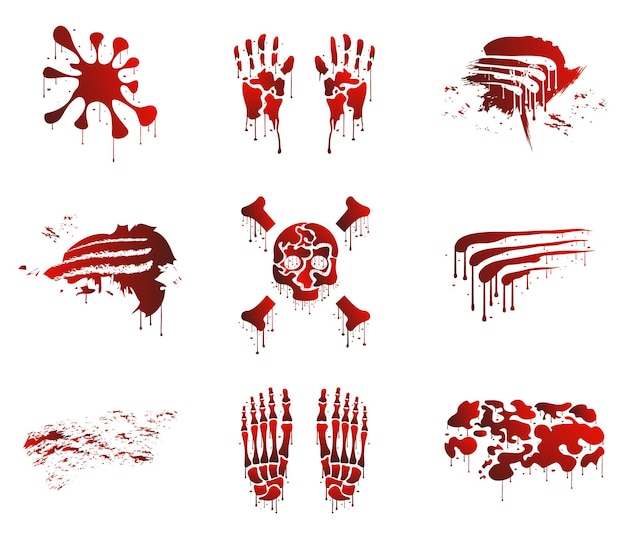 Vector set of various gradient style blood with human skull, hands, feet ink or paint splatter isolated on