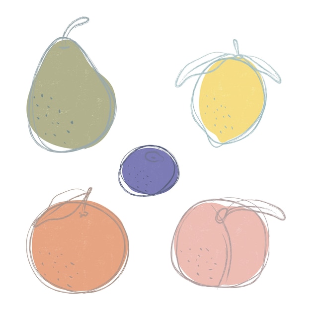 Vector set of various hand drawn doodle fruits with grainy texture isolated on white