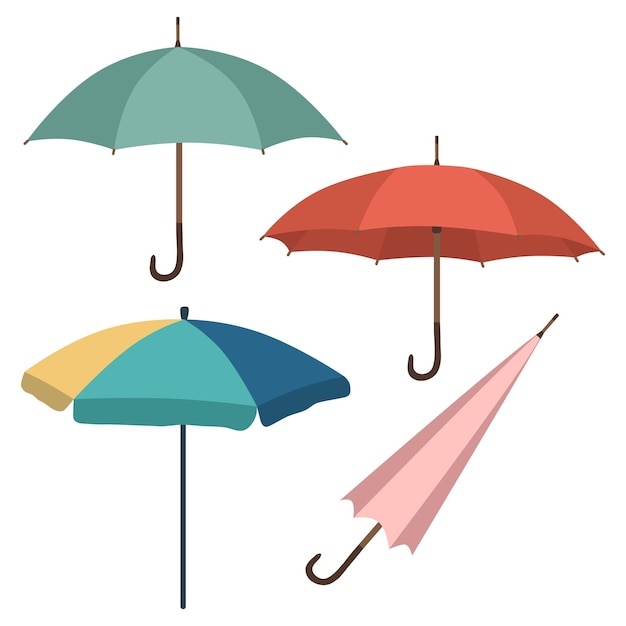 Set of various hand drawn flat design umbrellas isolated on white