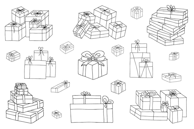 Set of various hand drawn gift boxes Isolated black on white elements for design