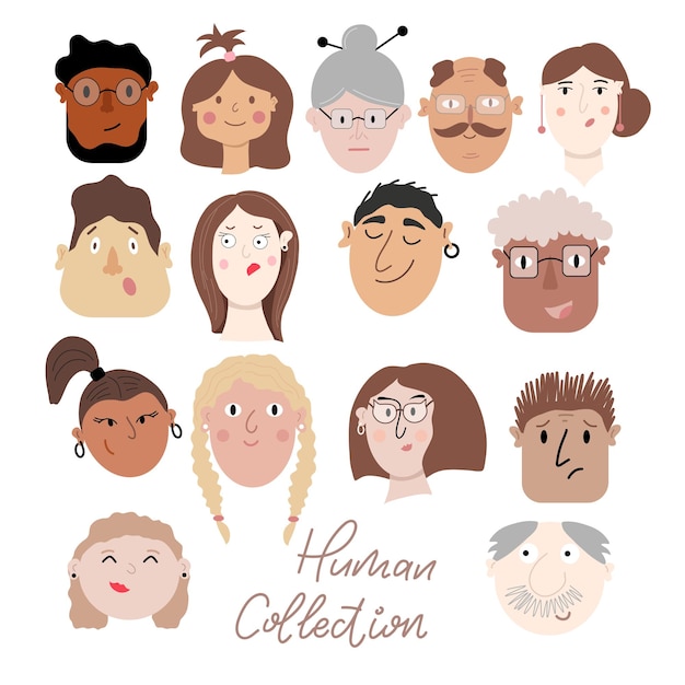 Set of various handdrawn faces of men and women of different ages and races