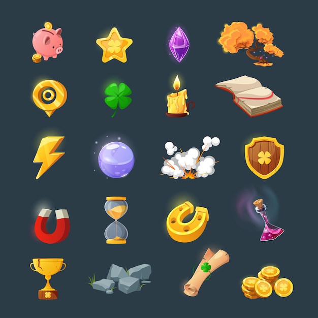 Set of various items for game user interface design. cartoon magic items and resources for a fantasy game. gold coins, book, candle, gem, chest, clover.