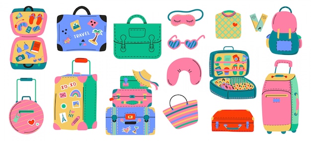 Set of various luggage bags, suitcases, neck pillow, baggage, travel bags. Vacation, holiday. Hand drawn   set. Colorful trendy illustration. Cartoon style. Flat design. All elements are isolated