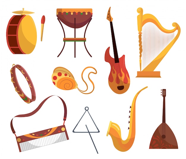 Set various musical instruments tambourine, drums, acoustic. Electronic guitars violin accordion trumpet and drums - music tools cartoon flat vector