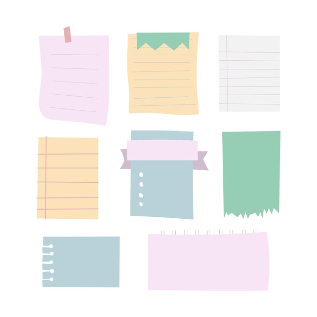 Set of various notes paper on transparent background vector elements