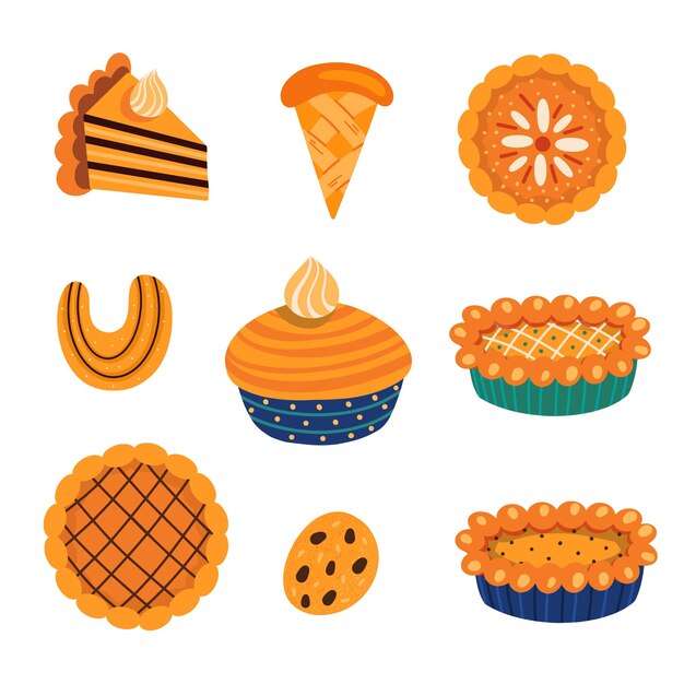 Vector set of various pastry food and autumnal leaves
