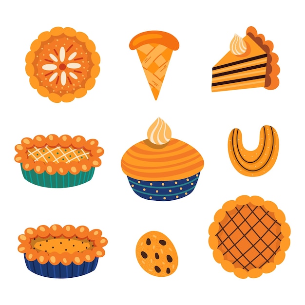 Vector set of various pastry food and autumnal leaves