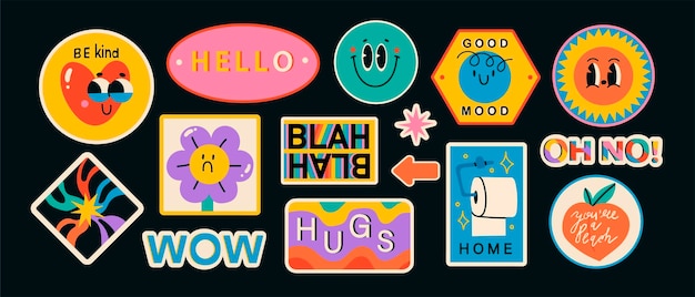 Set of various patches, pins, stamps or stickers. abstract funny cute comic characters.