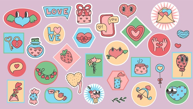 Set of various patches pins stamps or stickers set of vector love icon sticker funny cute comic