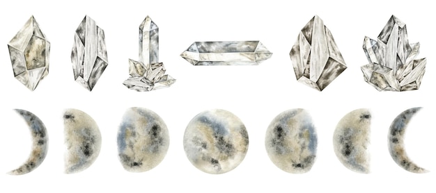 Set of various phases of gray moon magic crystals Crescent moon semiprecious stones watercor