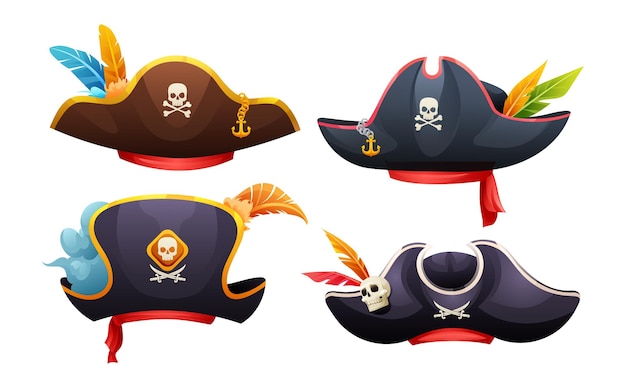 Set of various pirate hats with skull crossbones and feathers cartoon illustration