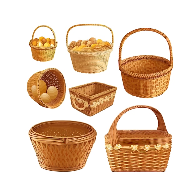 Vector set of various realistic empty wicker baskets vector illustration isolated on background cartoon flat vector illustration