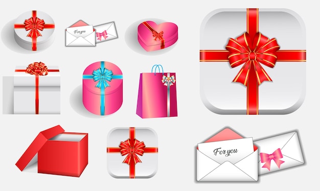 Set of various realistic valentine gift with ribbon eps vector