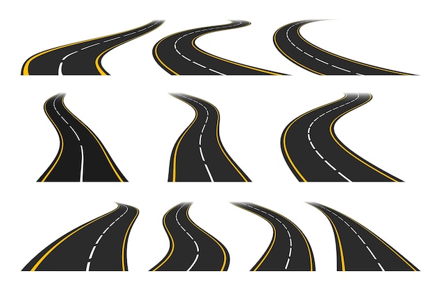 Vector set of various road curves and turns winding highway with yellow and white markings