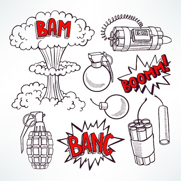 Vector set of various sketch explosive devices