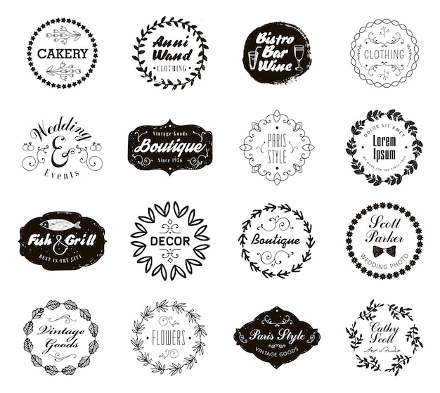 set of various small business badges with floral laurels. Vintage Icons, logos for shop, product, salon, cafe, etc.