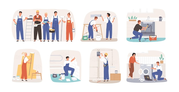 set of various smiling home masters and repairmans vector flat illustration. collection of different plumber, painter, plasterer, tiler and electrician isolated on white. man and woman repairers.