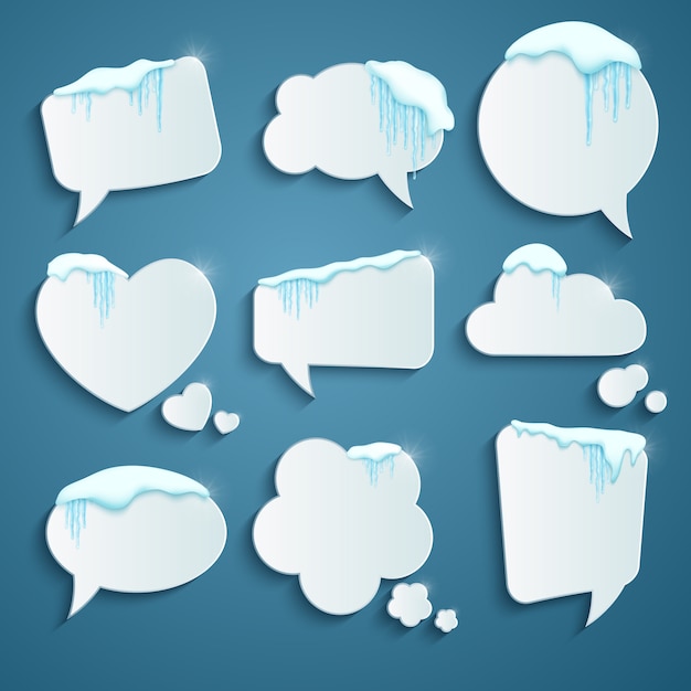 Set of various speech bubbles decorated with realistic snow and icicles.