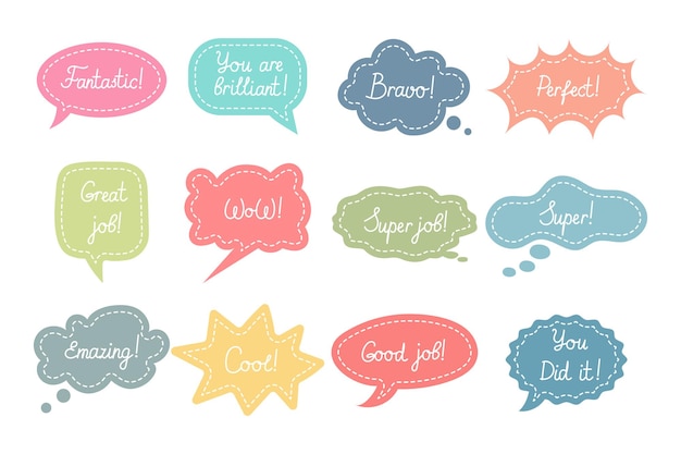 Set of various stickers speech clouds Job and Great job School award encouragement stamp