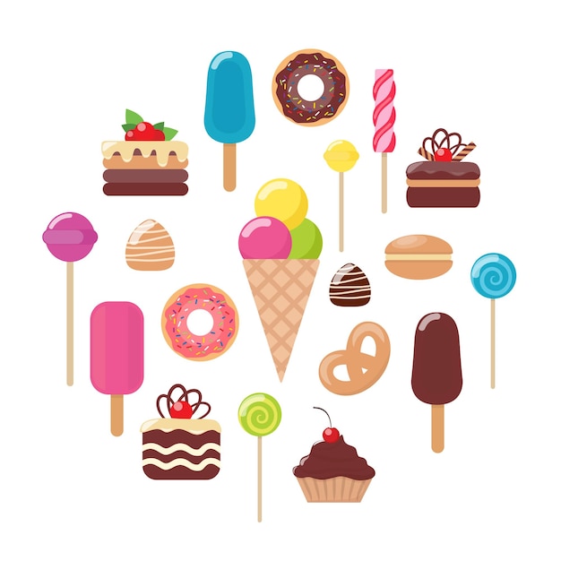 Set of various sweets Ice cream cake cake donut macaroon Lollipop candy chocolate