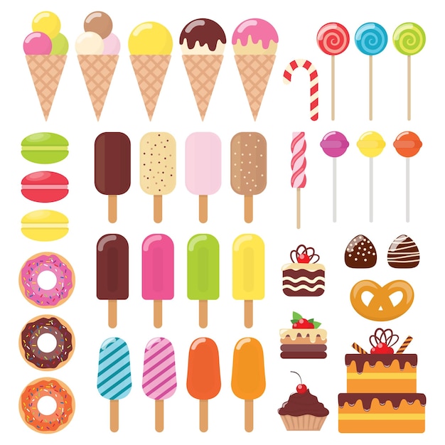 Set of various sweets Ice cream cake cake donut macaroon Lollipop candy chocolate