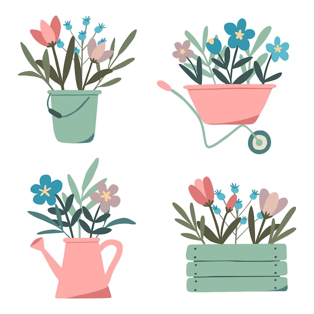 Vector set of various trendy flat design pastel flower compositions in gardening tools