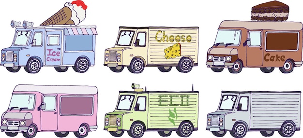 A set of various vans Truck with ice cream cheese cake eco van