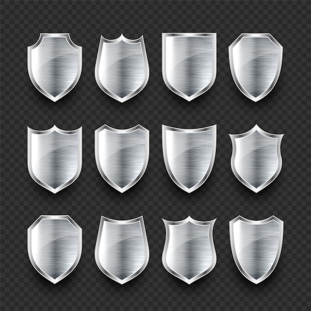 Vector set of various vintage d metal shield icons shiny steel heraldic shields black protection and
