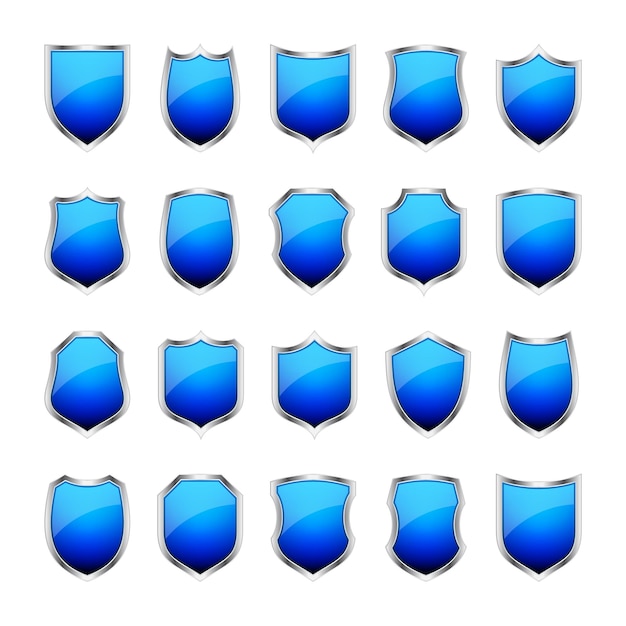 Vettore set di varie icone di scudo d'epoca scudi araldici neri simbolo di protezione e sicurezza blu