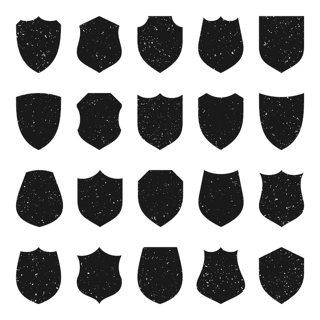 Vector set of various vintage shield icons black heraldic shields with grunge texture protection and