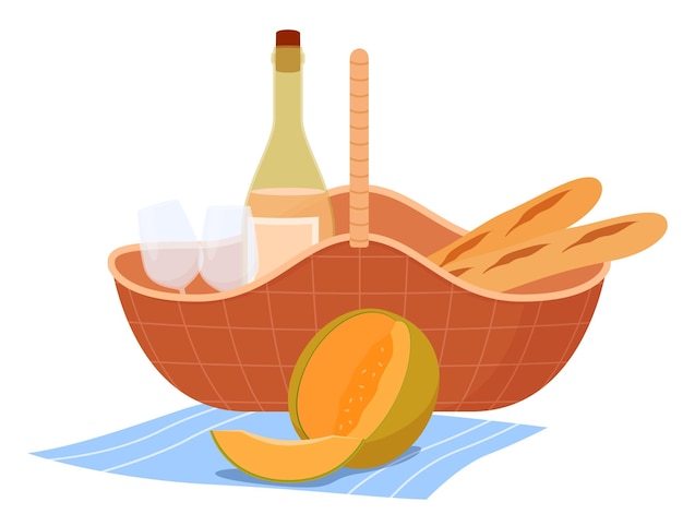 A set of various wicker picnic baskets Outdoor recreation Beautiful straw baskets are handmade Vector illustration