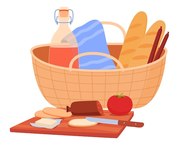 A set of various wicker picnic baskets outdoor recreation beautiful straw baskets are handmade vector illustration