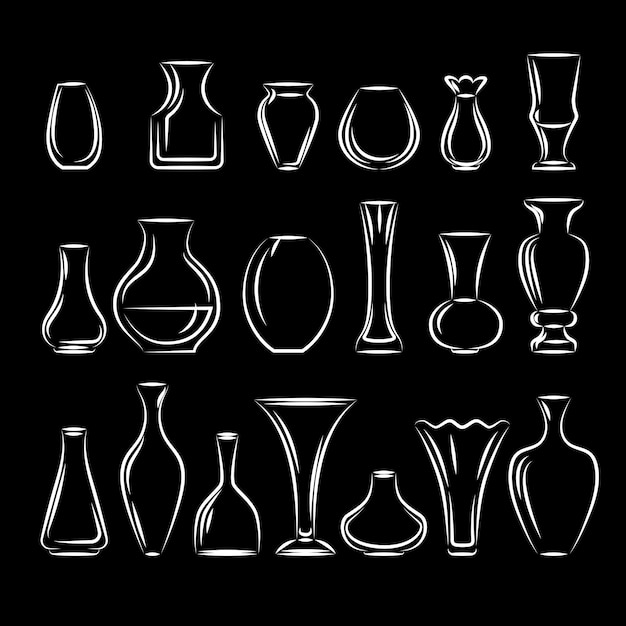 A set of vases a collection in the style of a sketch on a black background