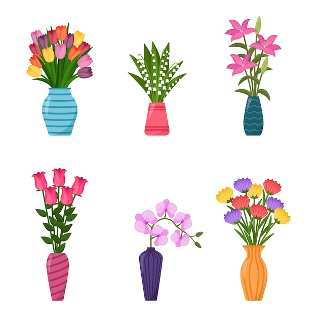 Set vazen met bloemen. Collectie van bloemboeketten in vazen, vectorillustratie