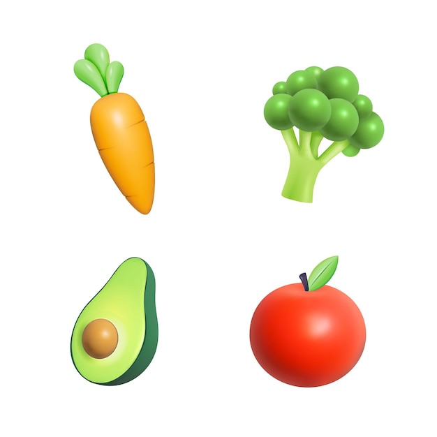 Установите вектор 3d моркови, авокадо, брокколи, яблока, свежих овощей
