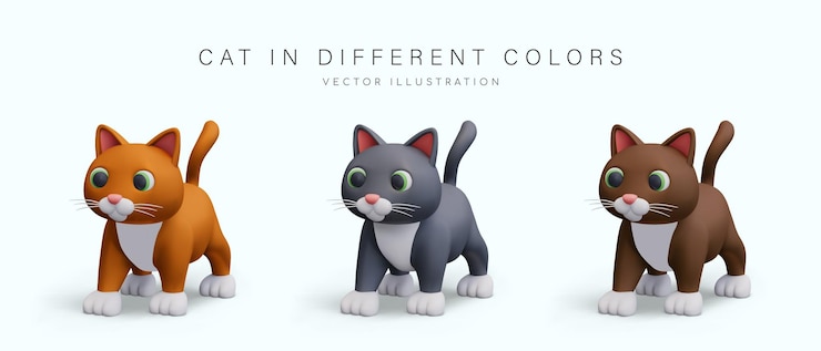 Vector set of vector 3d cats of different colors realistic pets in cute style