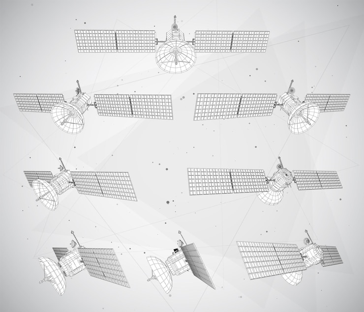 Vector set of vector 3d communication and communication satellites on white background