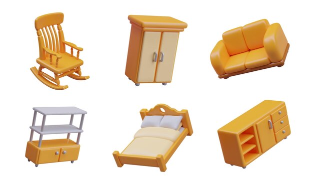 Set of vector 3d yellow furniture for home rocking chair wardrobe sofa shelf bed drawer