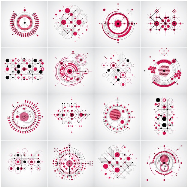 Set of vector abstract backgrounds created in Bauhaus retro style. Collection of geometric backdrops. Engineering technological wallpapers made with circles can be used as templates and layouts.