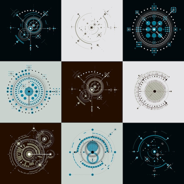 Set of vector abstract backgrounds created in Bauhaus retro style. Modern geometric composition can be used as templates and layouts. Engineering technological wallpapers made with circles.