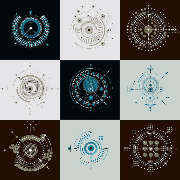 Set of vector abstract backgrounds created in Bauhaus retro style. Modern geometric composition can be used as templates and layouts. Engineering technological wallpapers made with circles.