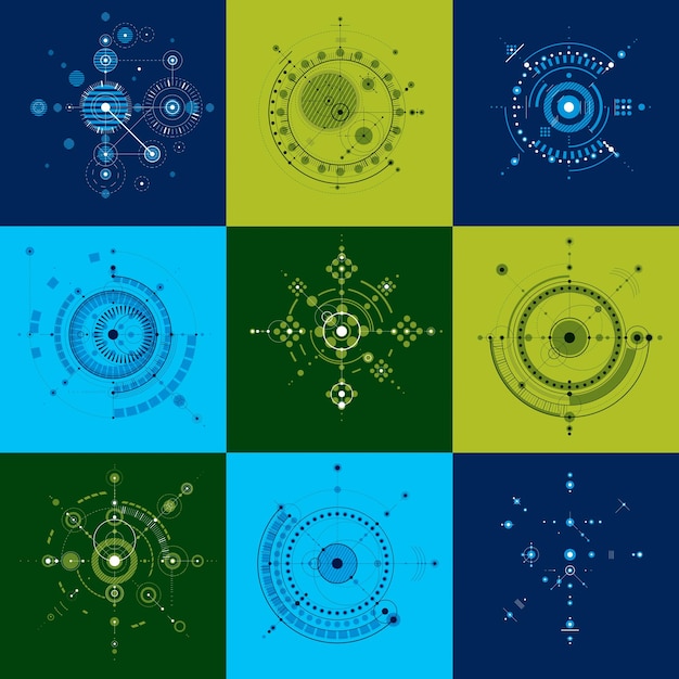 Set of vector abstract backgrounds created in Bauhaus retro style. Modern geometric composition can be used as templates and layouts. Engineering technological wallpapers made with circles.